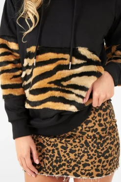 Rebellious Fashion Black Faux Tiger Fur Detail Hoodie - Braelyn