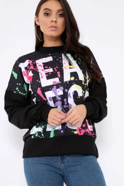 Rebellious Fashion Black Fearless Paint Splatter Sweatshirt - Eliza
