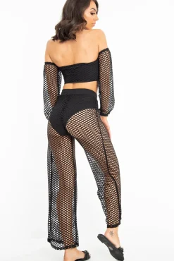 Rebellious Fashion Black Fish Net Crop Tie Top and Trousers Co-ord - Misa