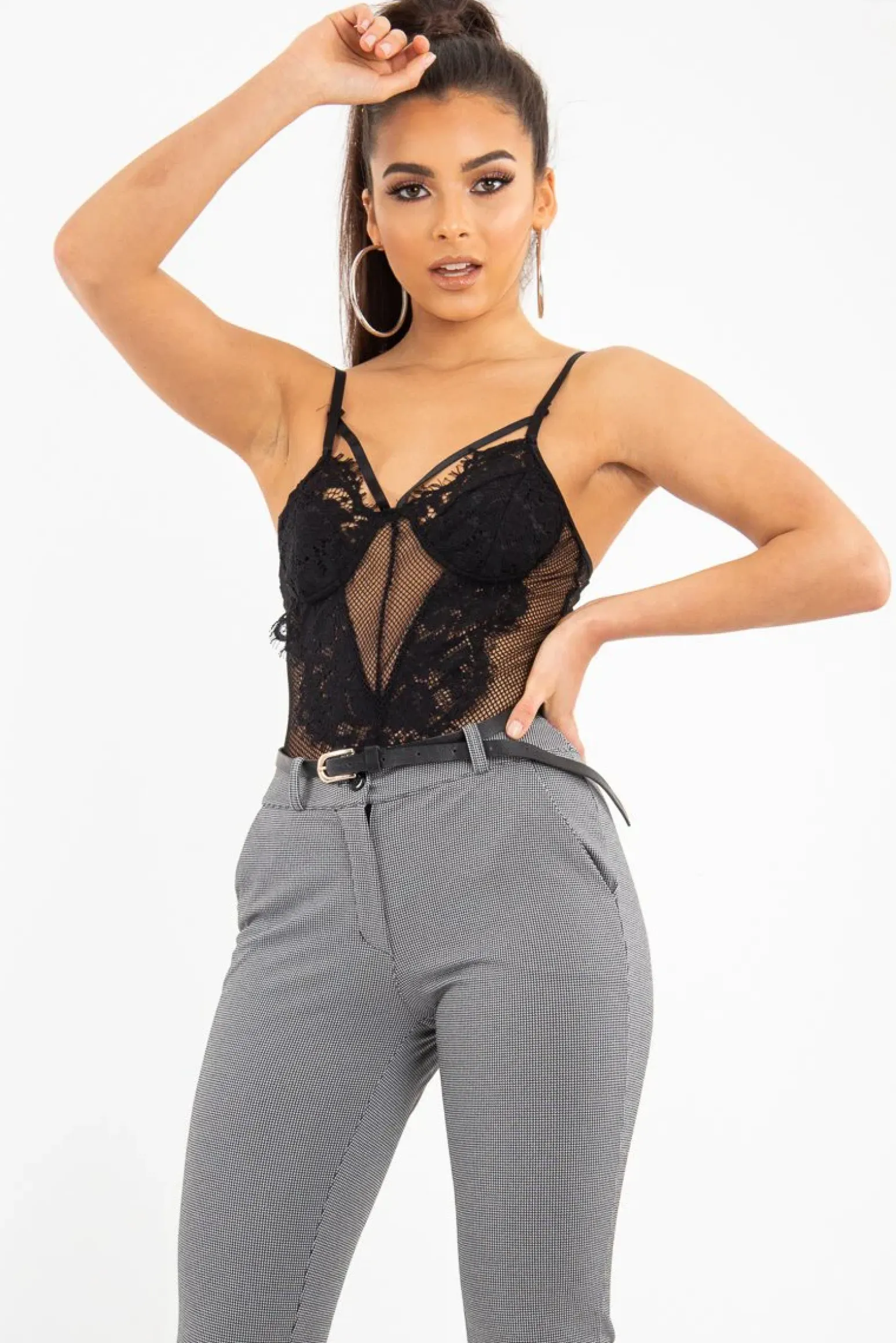 Rebellious Fashion Black Fishnet Floral Lace Strappy Mesh Bodysuit - Hallee