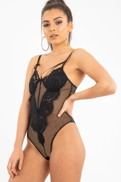 Rebellious Fashion Black Fishnet Floral Lace Strappy Mesh Bodysuit - Hallee