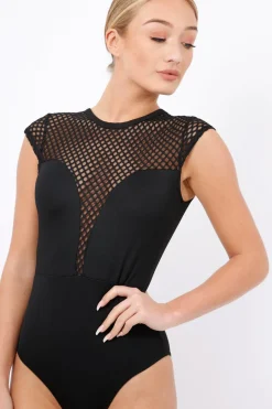 Rebellious Fashion Black Fishnet Mesh Insert Bodysuit - Felicity
