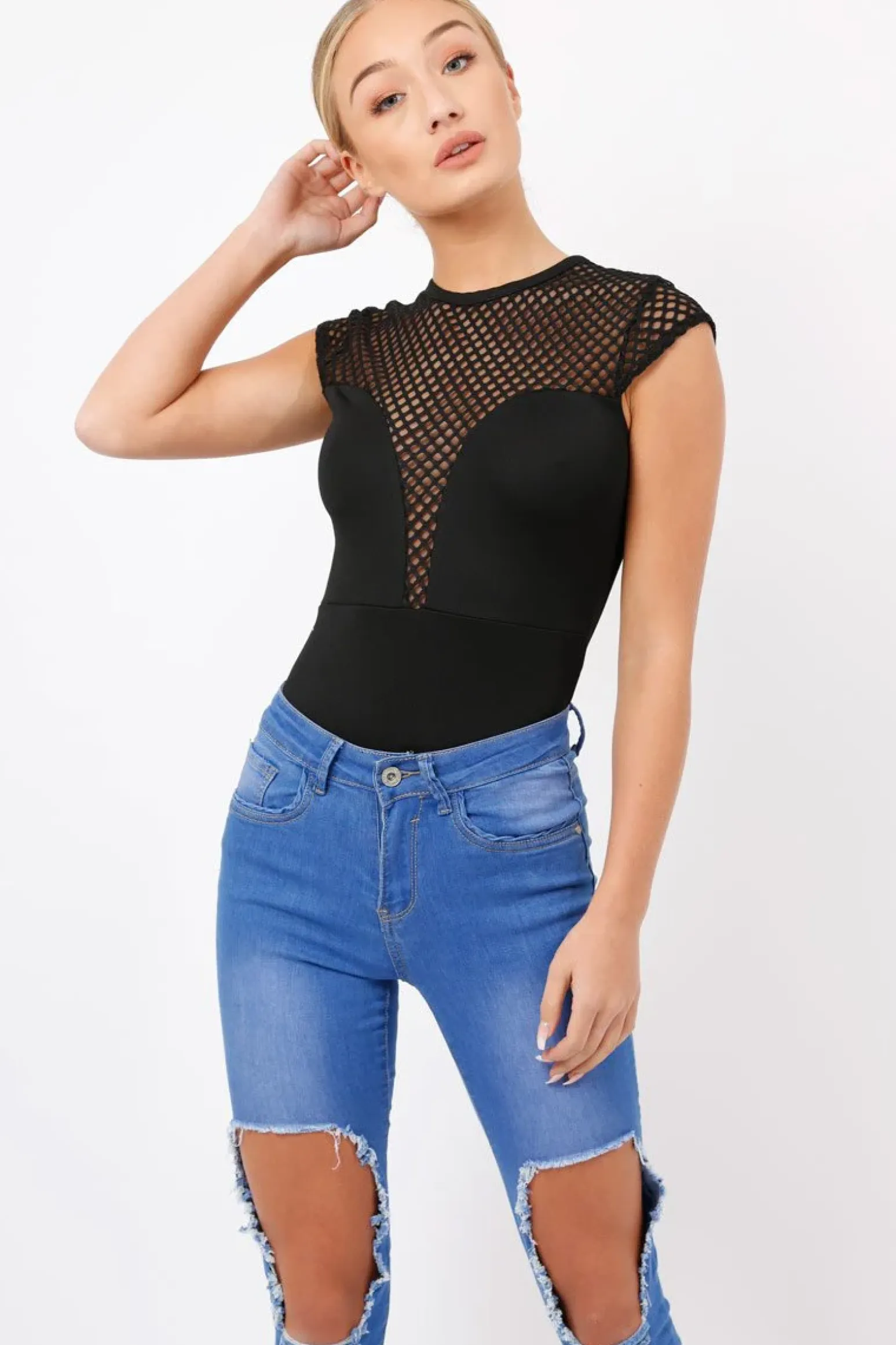 Rebellious Fashion Black Fishnet Mesh Insert Bodysuit - Felicity