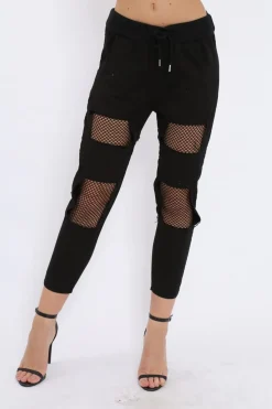 Rebellious Fashion Black Fish Net Panel Detail Joggers - Mikaela