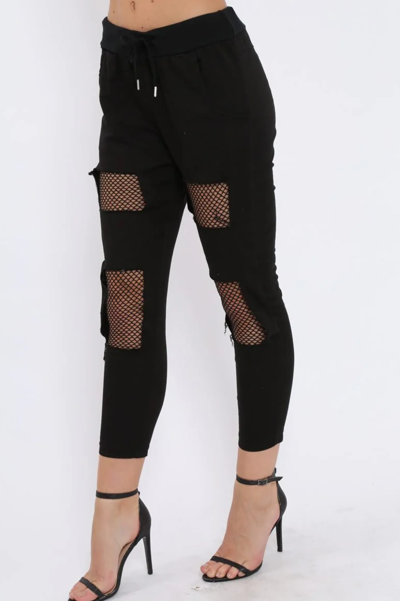 Rebellious Fashion Black Fish Net Panel Detail Joggers - Mikaela