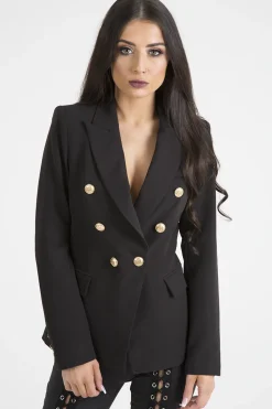 Rebellious Fashion Black Fitted Gold Button Blazer - Mei