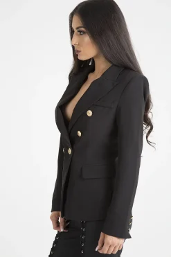 Rebellious Fashion Black Fitted Gold Button Blazer - Mei