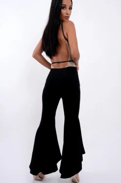 Rebellious Fashion Black Flare Dip Hem Trousers - Fraya