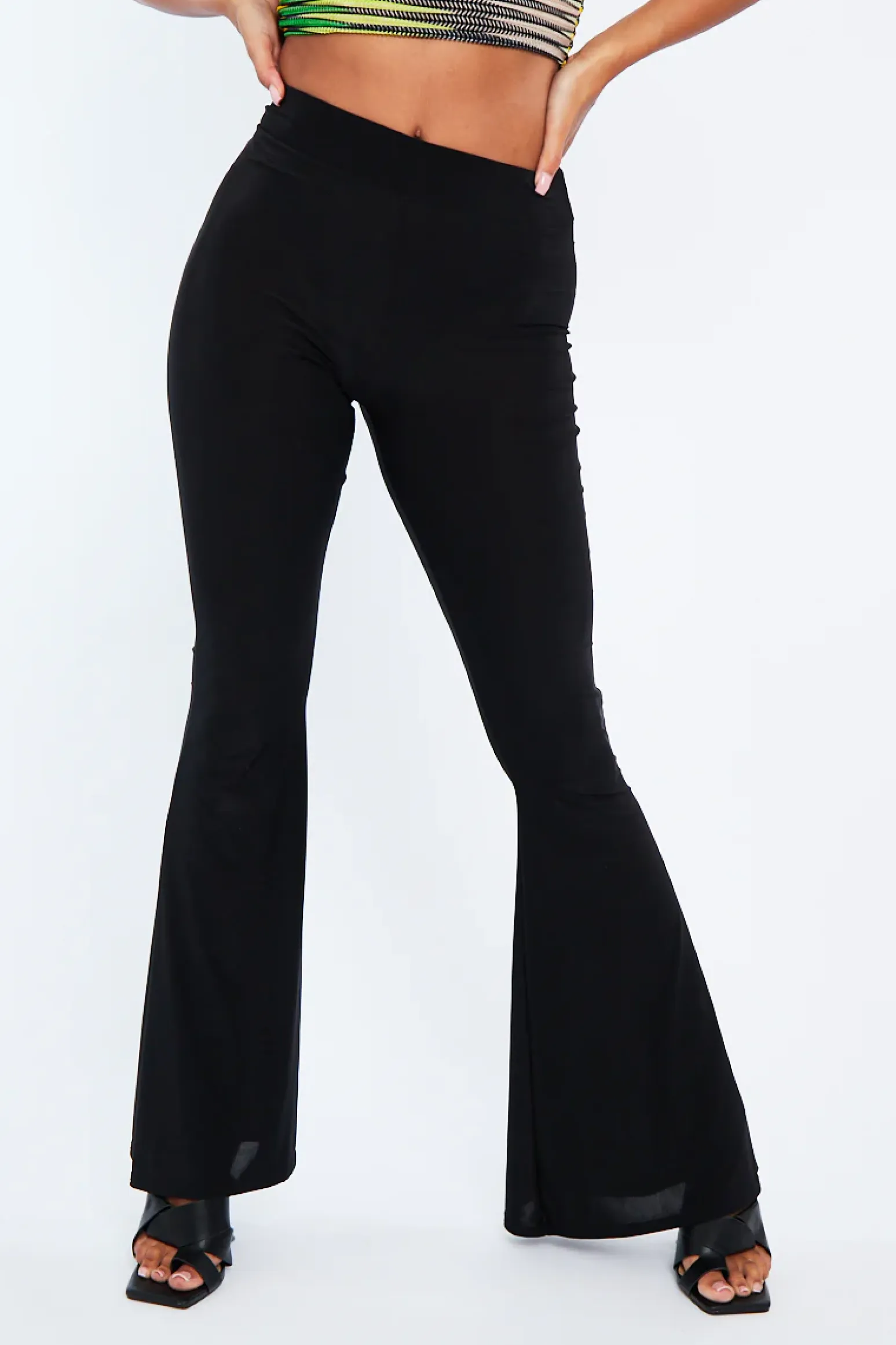 Rebellious Fashion Black Flared Slinky Trousers - Teena