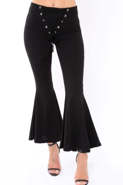 Rebellious Fashion Black Flare Trousers with Lace Up Front - Gaby