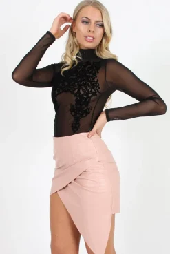 Rebellious Fashion Black Flocked High Neck Bodysuit - Louisa