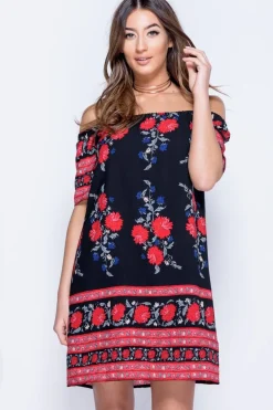 Rebellious Fashion Black Floral Bardot Dress - Tamia
