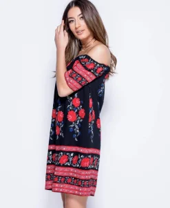 Rebellious Fashion Black Floral Bardot Dress - Tamia