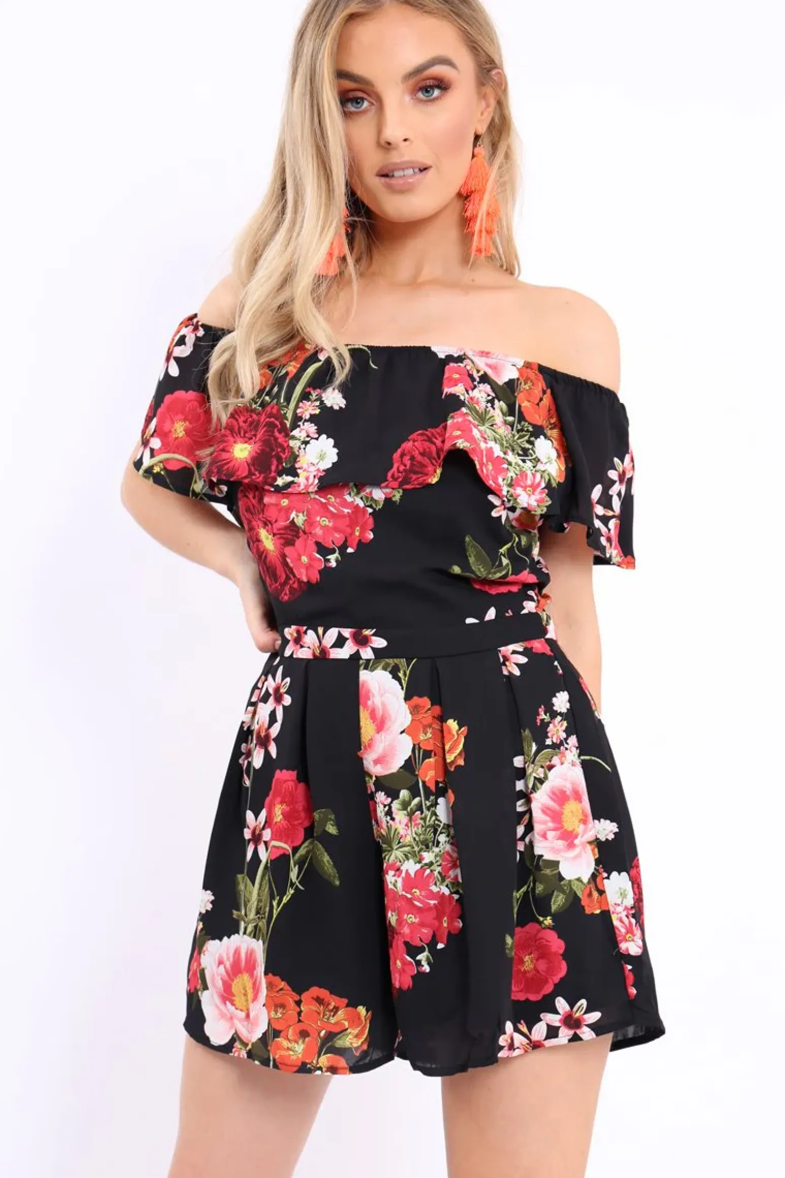 Rebellious Fashion Black Floral Bardot Playsuit with Frill Detail - Raine