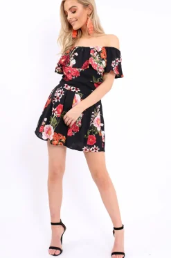 Rebellious Fashion Black Floral Bardot Playsuit with Frill Detail - Raine