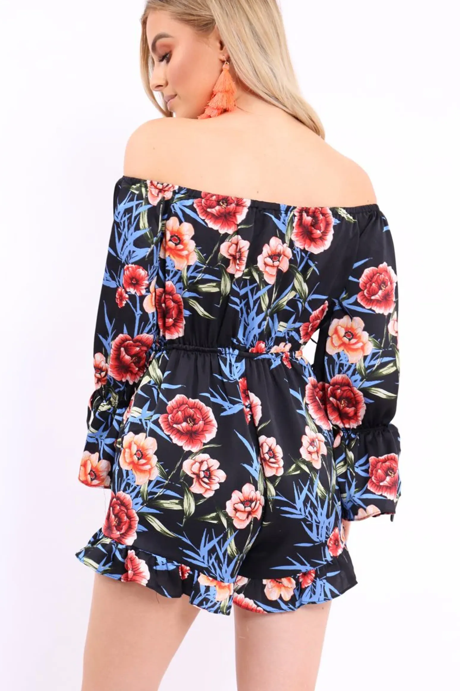 Rebellious Fashion Black Floral Bardot Playsuit with Frill Hem and Cuffs - Farhanna