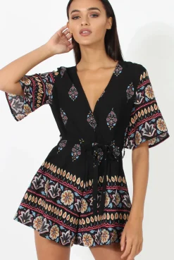 Rebellious Fashion Black Floral Border Print Playsuit - Shauna