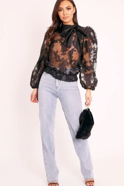 Rebellious Fashion Black Floral Burn Out Mesh Blouse - Tessie