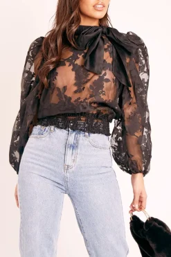 Rebellious Fashion Black Floral Burn Out Mesh Blouse - Tessie