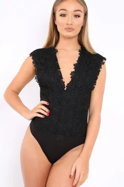 Rebellious Fashion Black Floral Crochet Off The Shoulder Bodysuit - Shae