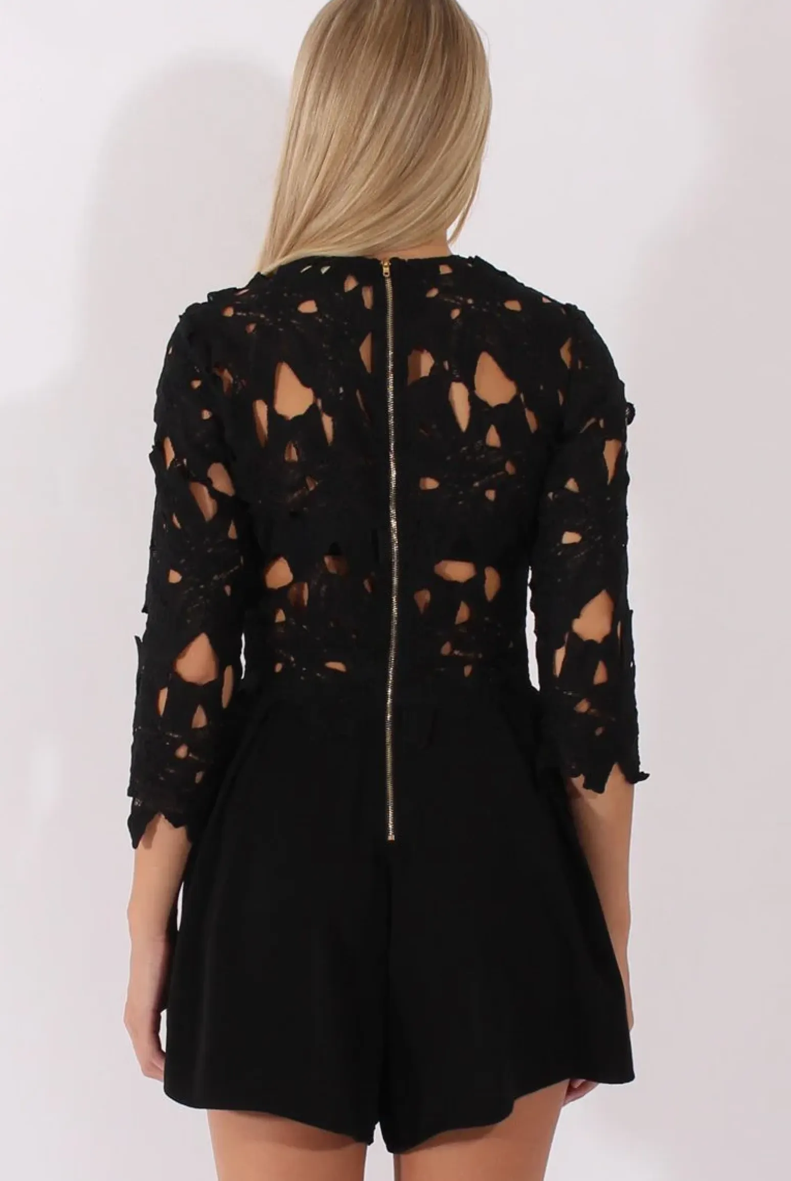 Rebellious Fashion Black Floral Crochet Playsuit - Agatha