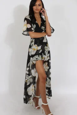 Rebellious Fashion Black Floral Dip Hem Playsuit - Caprice