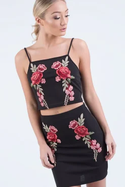 Rebellious Fashion Black Floral Embroidered Co-ord - Stacey