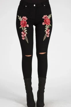Rebellious Fashion Black Floral Embroidered Ripped Skinny Jeans - Ariel
