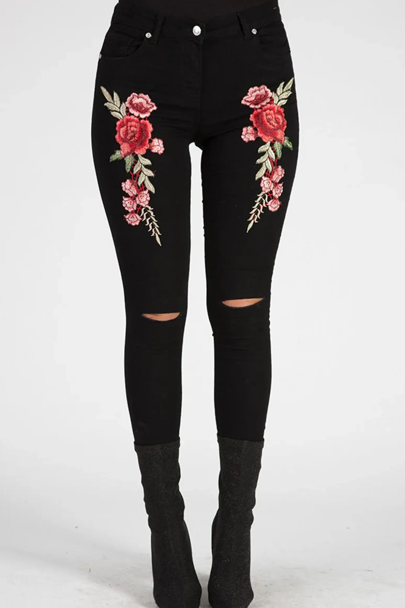 Rebellious Fashion Black Floral Embroidered Ripped Skinny Jeans - Ariel