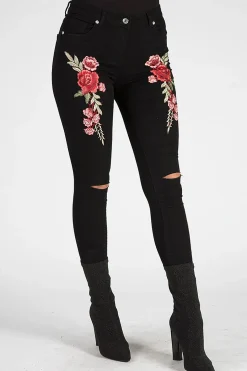Rebellious Fashion Black Floral Embroidered Ripped Skinny Jeans - Ariel