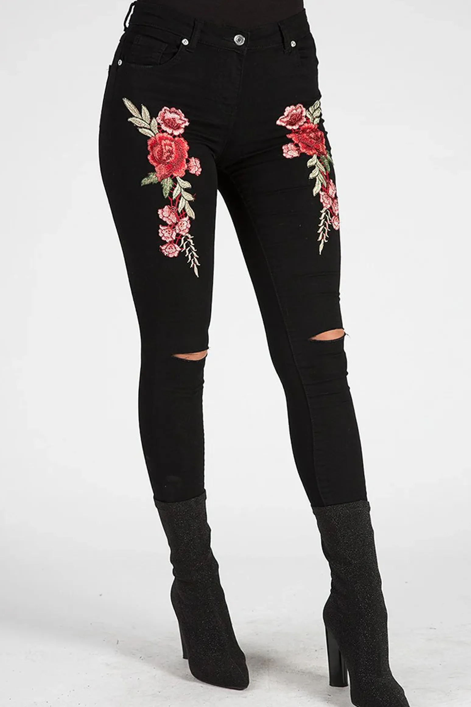 Rebellious Fashion Black Floral Embroidered Ripped Skinny Jeans - Ariel