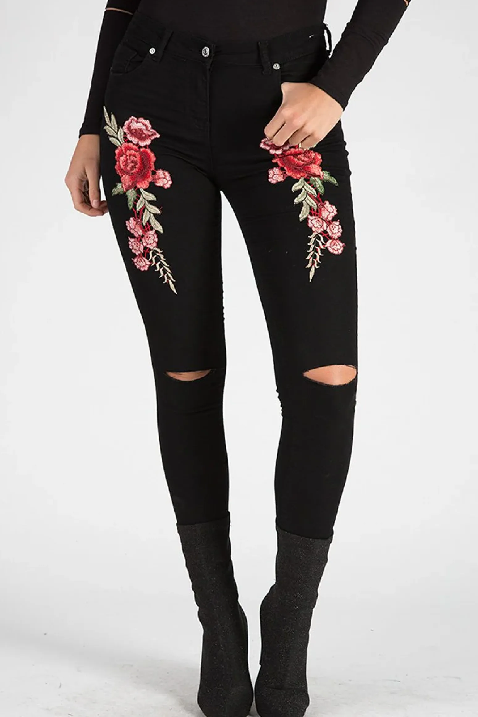 Rebellious Fashion Black Floral Embroidered Ripped Skinny Jeans - Ariel
