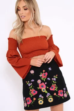 Rebellious Fashion Black Floral Embroidered Skirt - Lexie