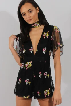 Rebellious Fashion Black Floral Flared Sleeve Mesh Embroidered Plunge Playsuit - Lita