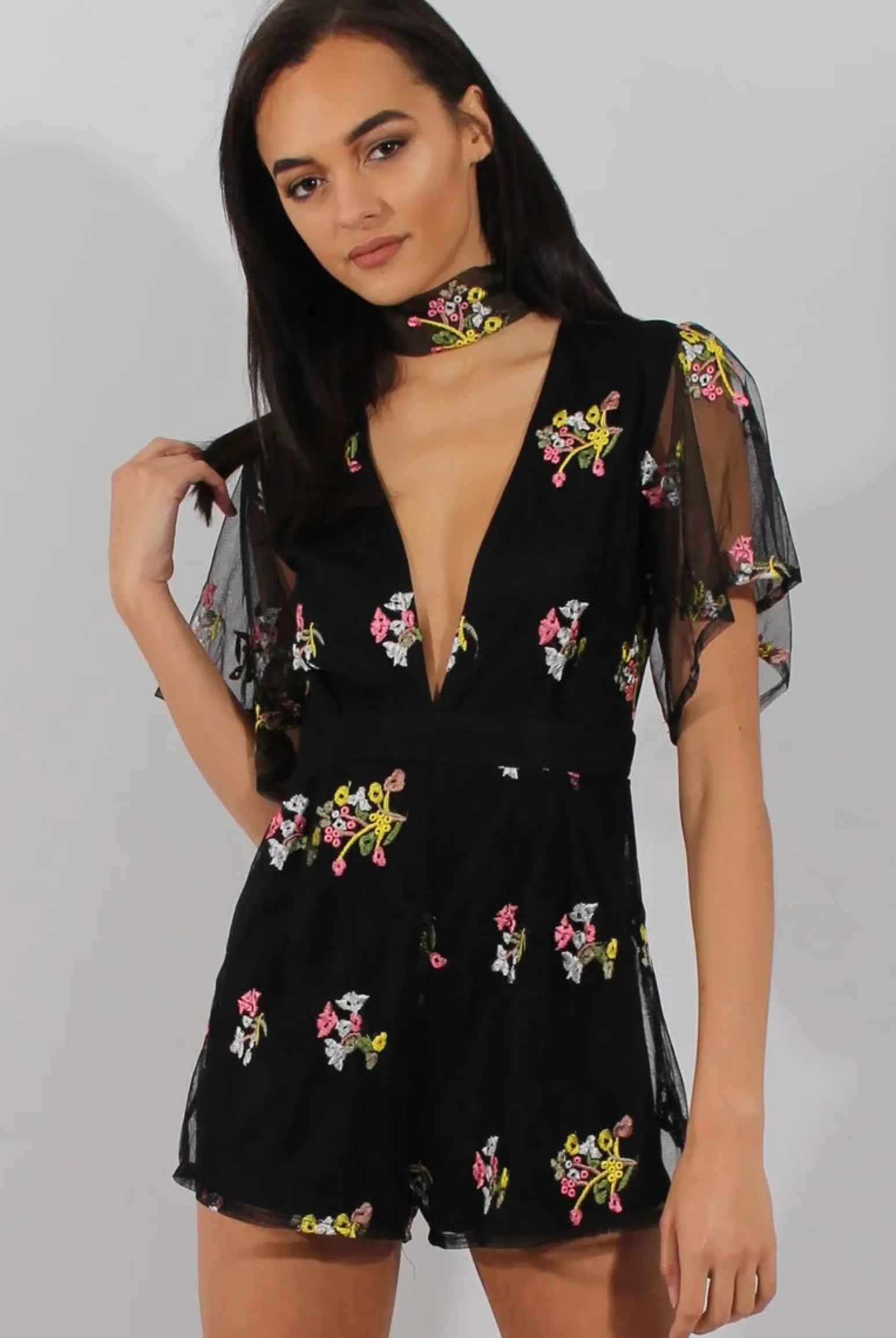 Rebellious Fashion Black Floral Flared Sleeve Mesh Embroidered Plunge Playsuit - Lita