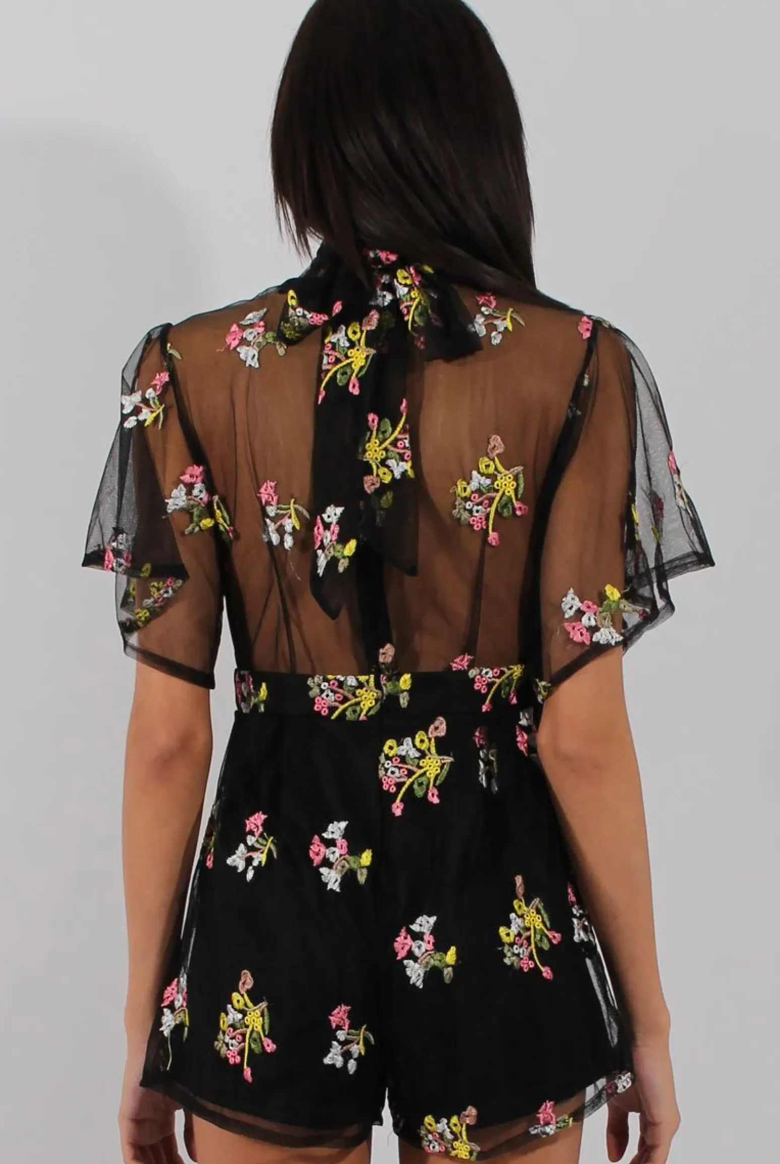 Rebellious Fashion Black Floral Flared Sleeve Mesh Embroidered Plunge Playsuit - Lita
