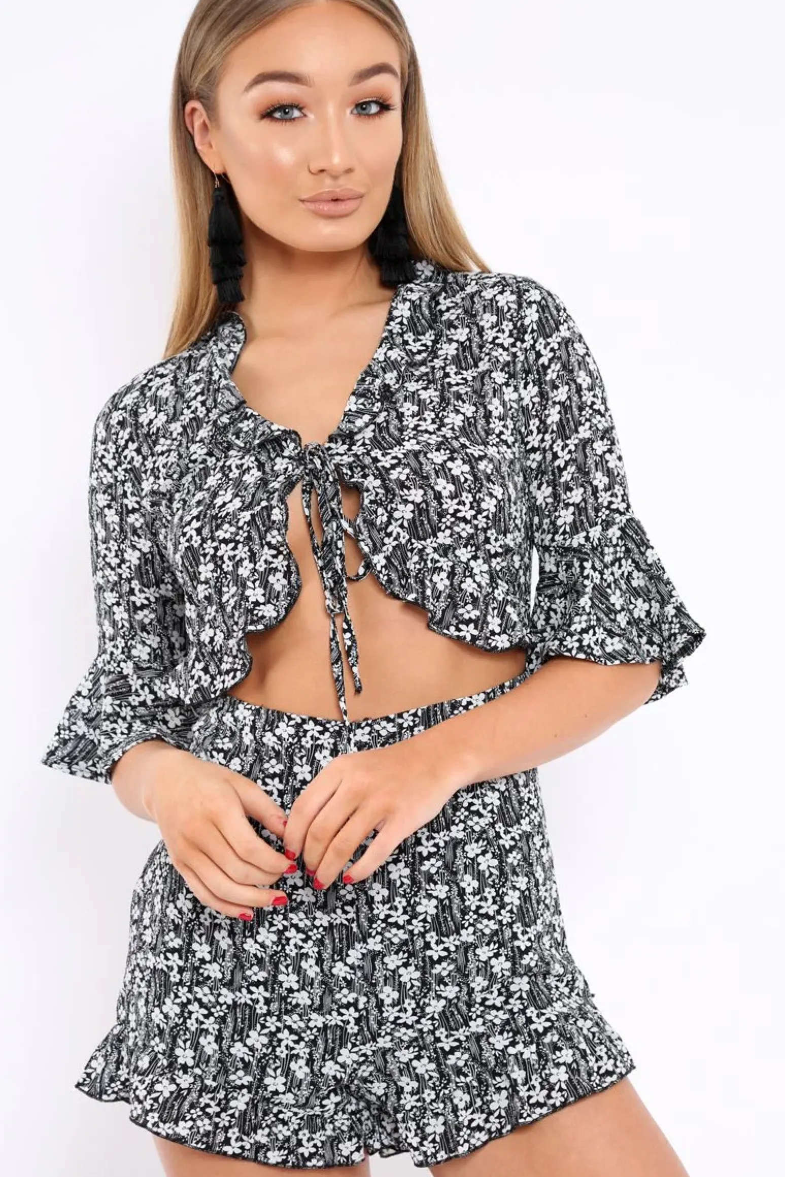 Rebellious Fashion Black Floral Frill Front Cut Out Playsuit - Joanne