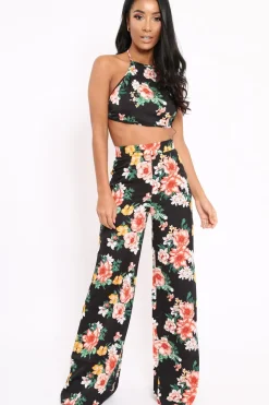 Rebellious Fashion Black Floral Halterneck Crop Top - Christie