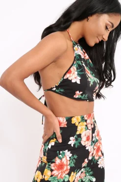 Rebellious Fashion Black Floral Halterneck Crop Top - Christie