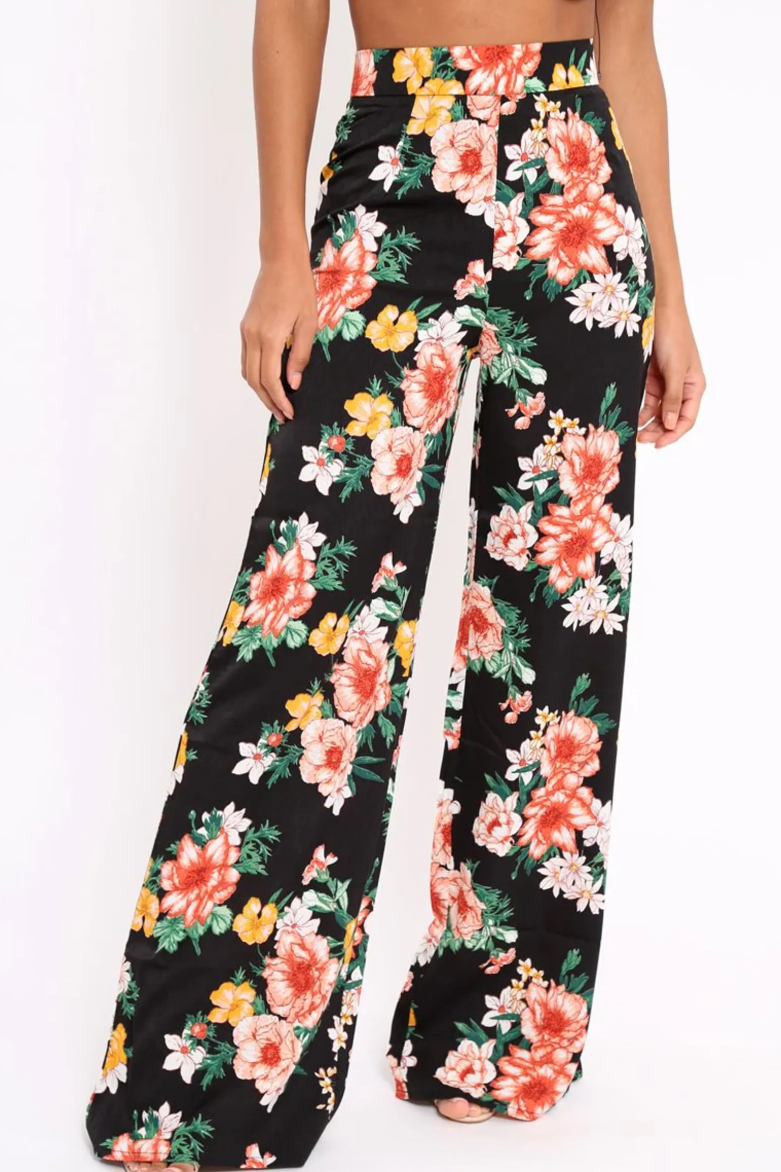Rebellious Fashion Black Floral High Waist Flare Trousers -Tisha