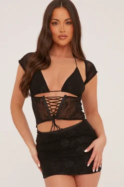 Rebellious Fashion Black Floral Lace Bralette Top & Mini Skirt Co-ord Set - Charlie