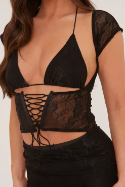 Rebellious Fashion Black Floral Lace Bralette Top & Mini Skirt Co-ord Set - Charlie