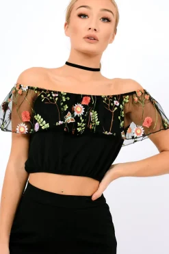 Rebellious Fashion Black Floral Mesh Off Shoulder Crop Top - Paulette