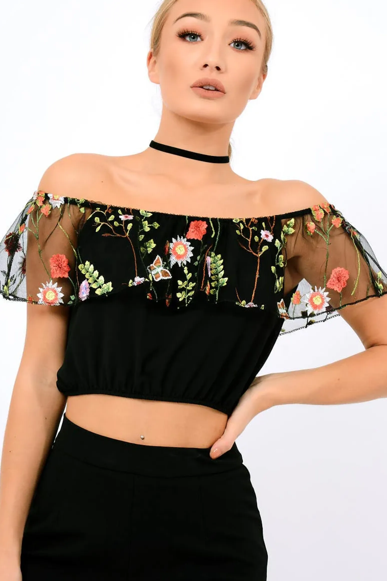 Rebellious Fashion Black Floral Mesh Off Shoulder Crop Top - Paulette