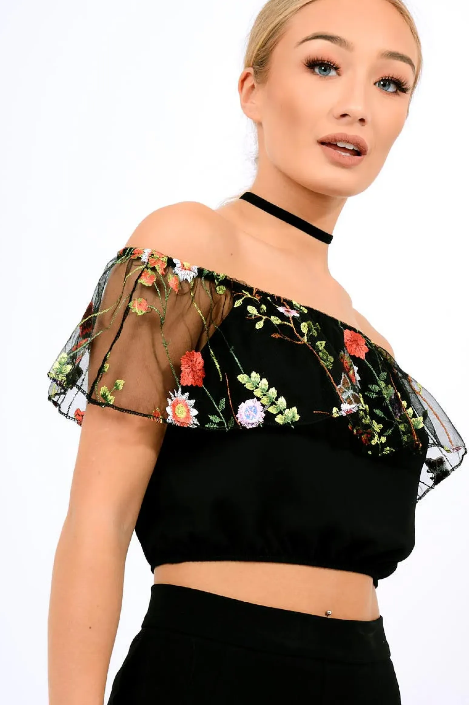 Rebellious Fashion Black Floral Mesh Off Shoulder Crop Top - Paulette