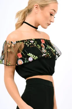 Rebellious Fashion Black Floral Mesh Off Shoulder Crop Top - Paulette