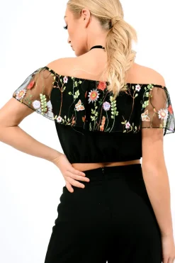 Rebellious Fashion Black Floral Mesh Off Shoulder Crop Top - Paulette