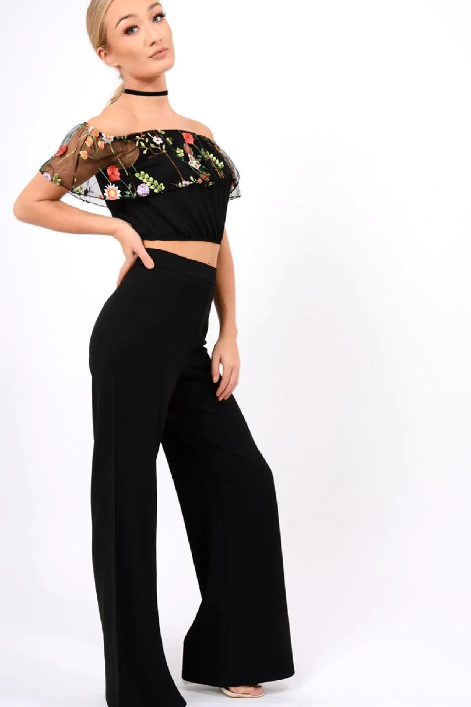 Rebellious Fashion Black Floral Mesh Off Shoulder Crop Top - Paulette