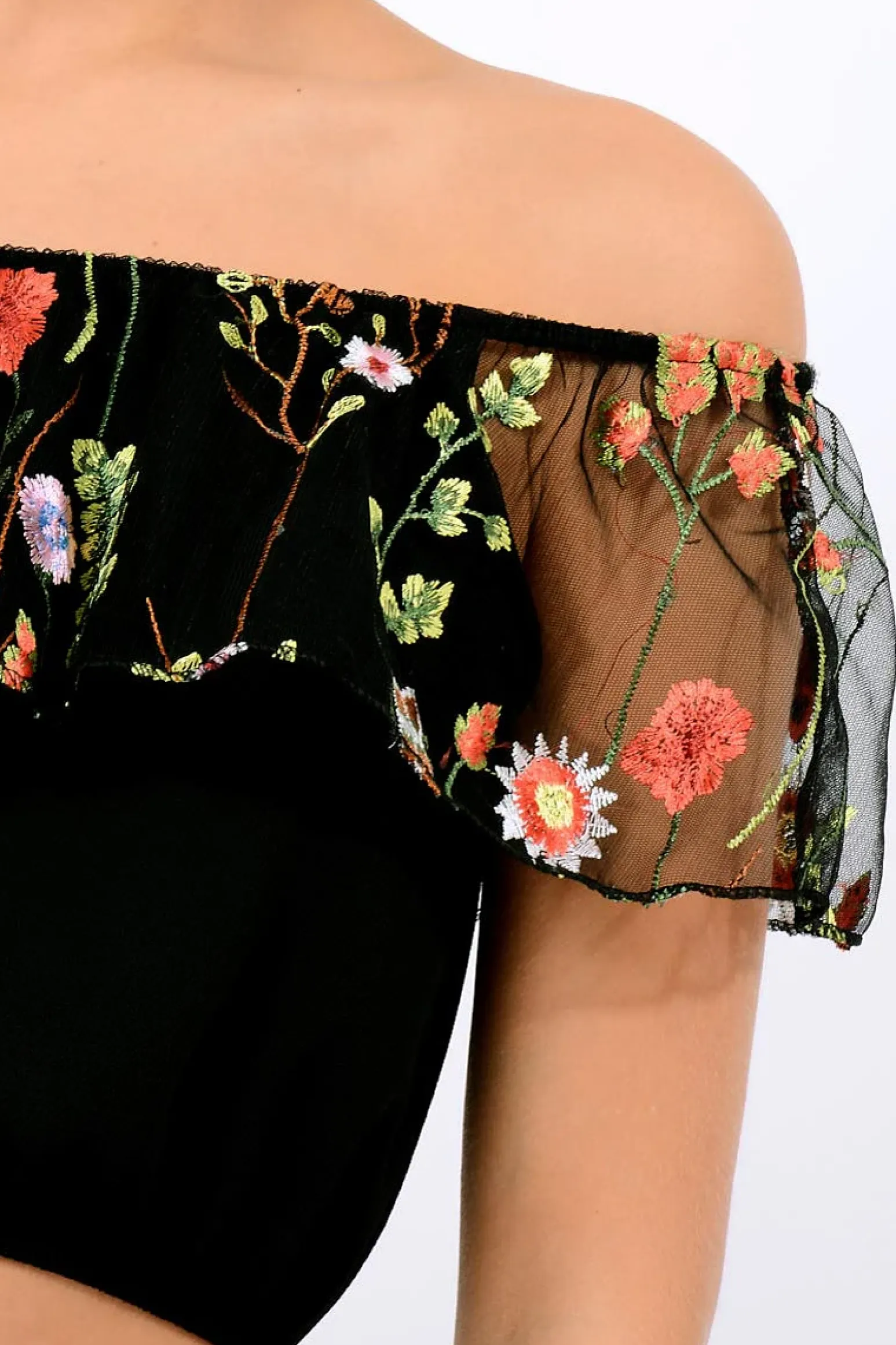 Rebellious Fashion Black Floral Mesh Off Shoulder Crop Top - Paulette