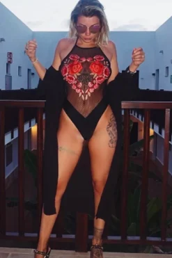Rebellious Fashion Black Floral Mesh Swimsuit - Ashlyn